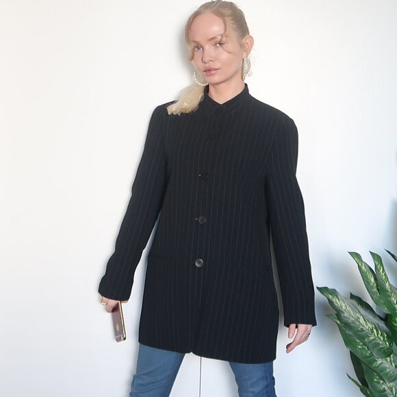 DKNY Long Pinstipe Stand Collar Career Suit Blazer - Picture 16 of 16